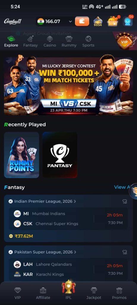 go play gaming app home screen